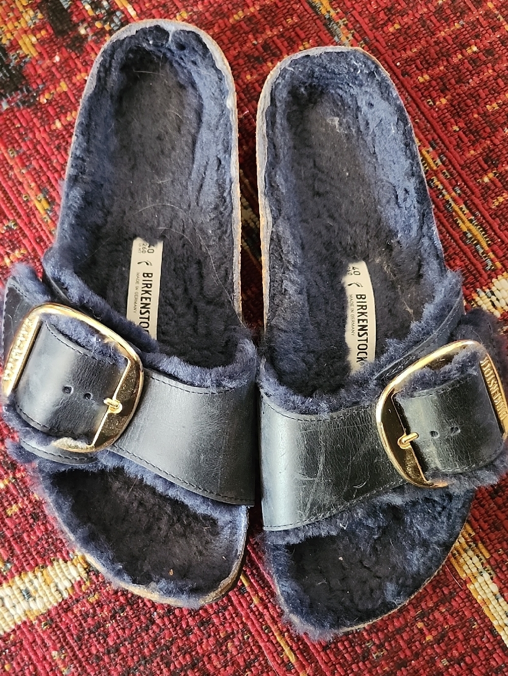 Birkenstock Navy Shearling Slide with Gold Buckle